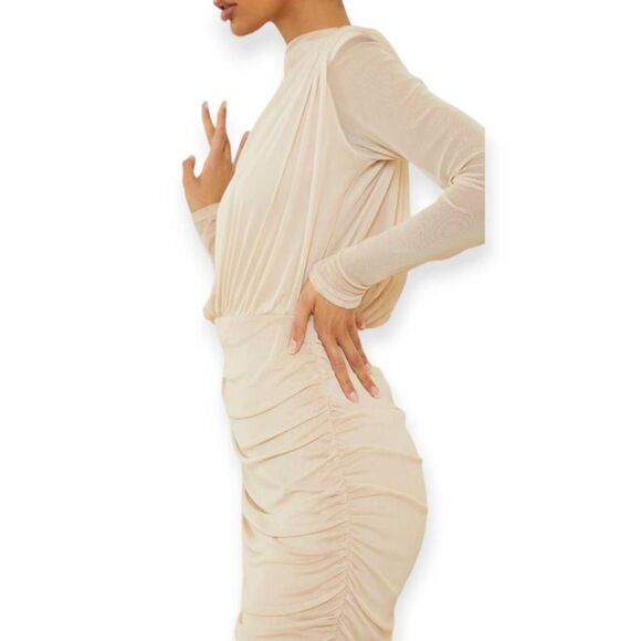 PRETTYLITTLETHING Nude Mesh High Neck Long Sleeve Ruched Skirt Midi Dress SZ 2 E - Picture 4 of 8